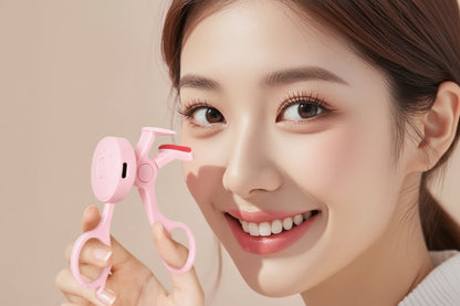 Woman holding a pink eyelash curler with a pink background