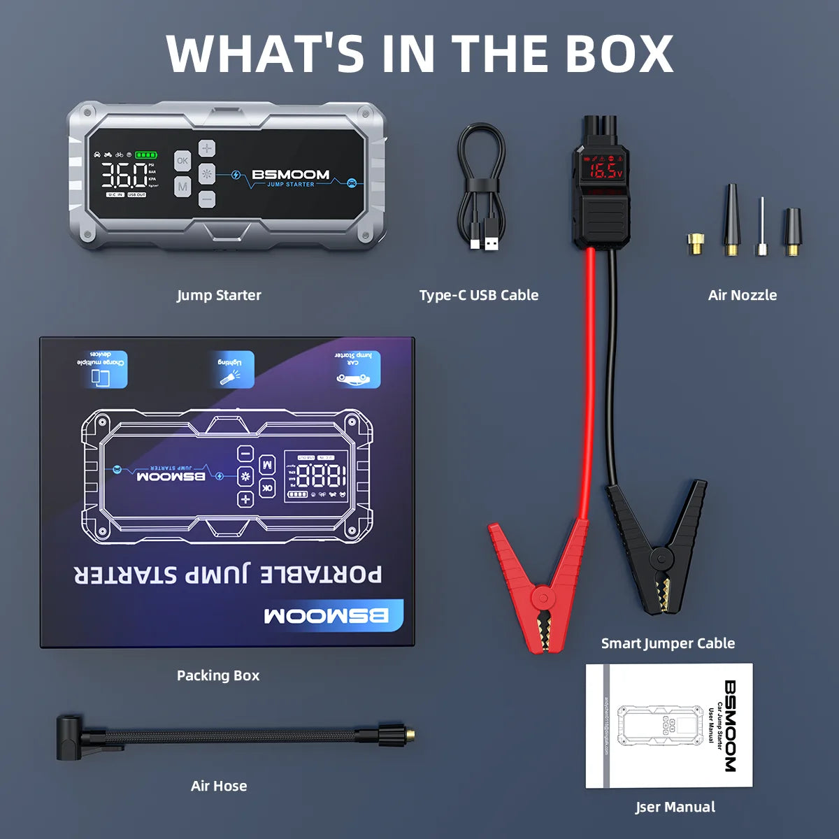 Car Jump Starter with Air Compressor 150PSI, 12V Jump Box Battery Charger Car Booster Battery Starting Device