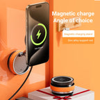 Smartphone charging on a magnetic charging stand with an orange background