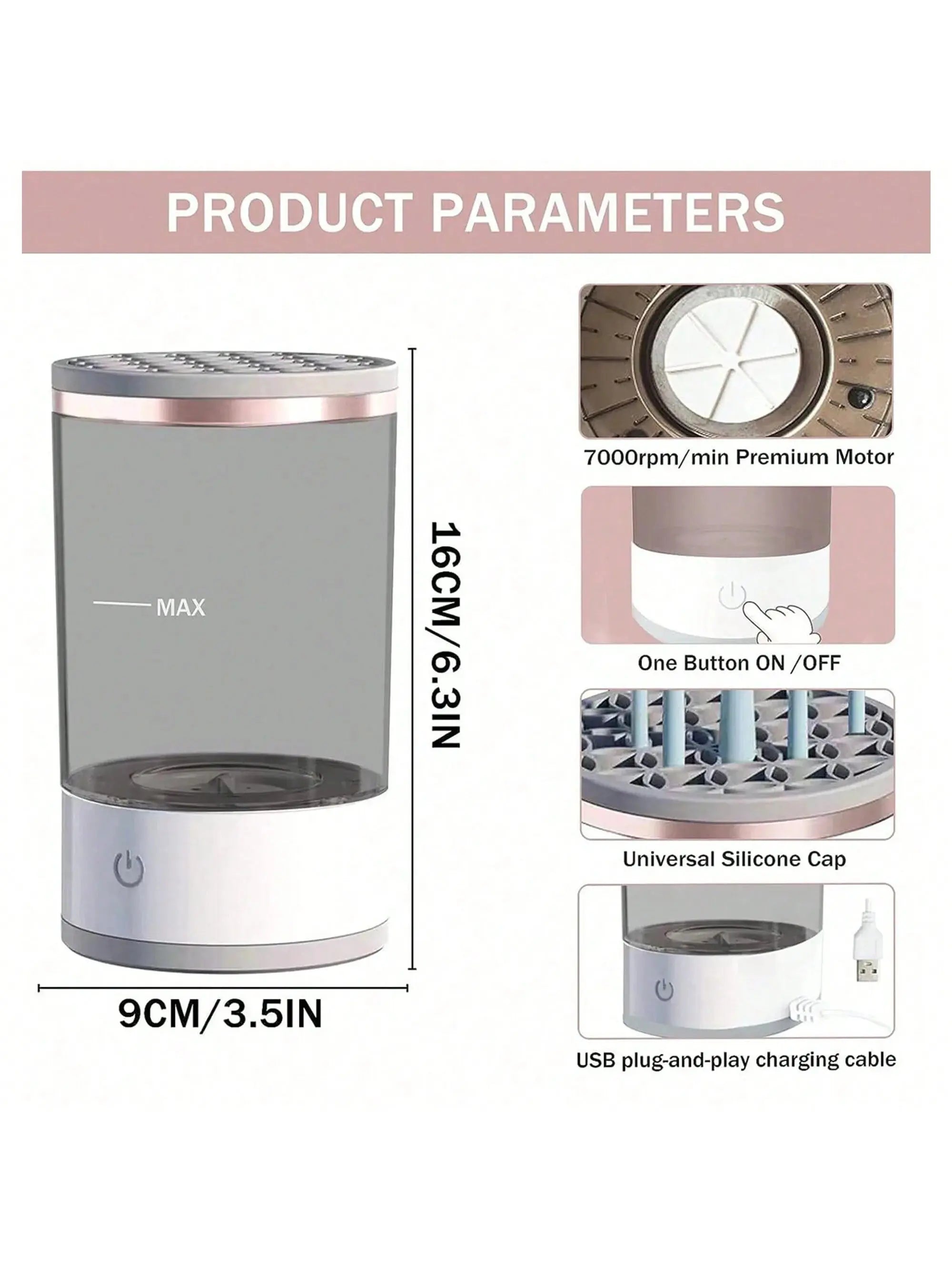 Product specifications of a small electronic device with dimensions and features.