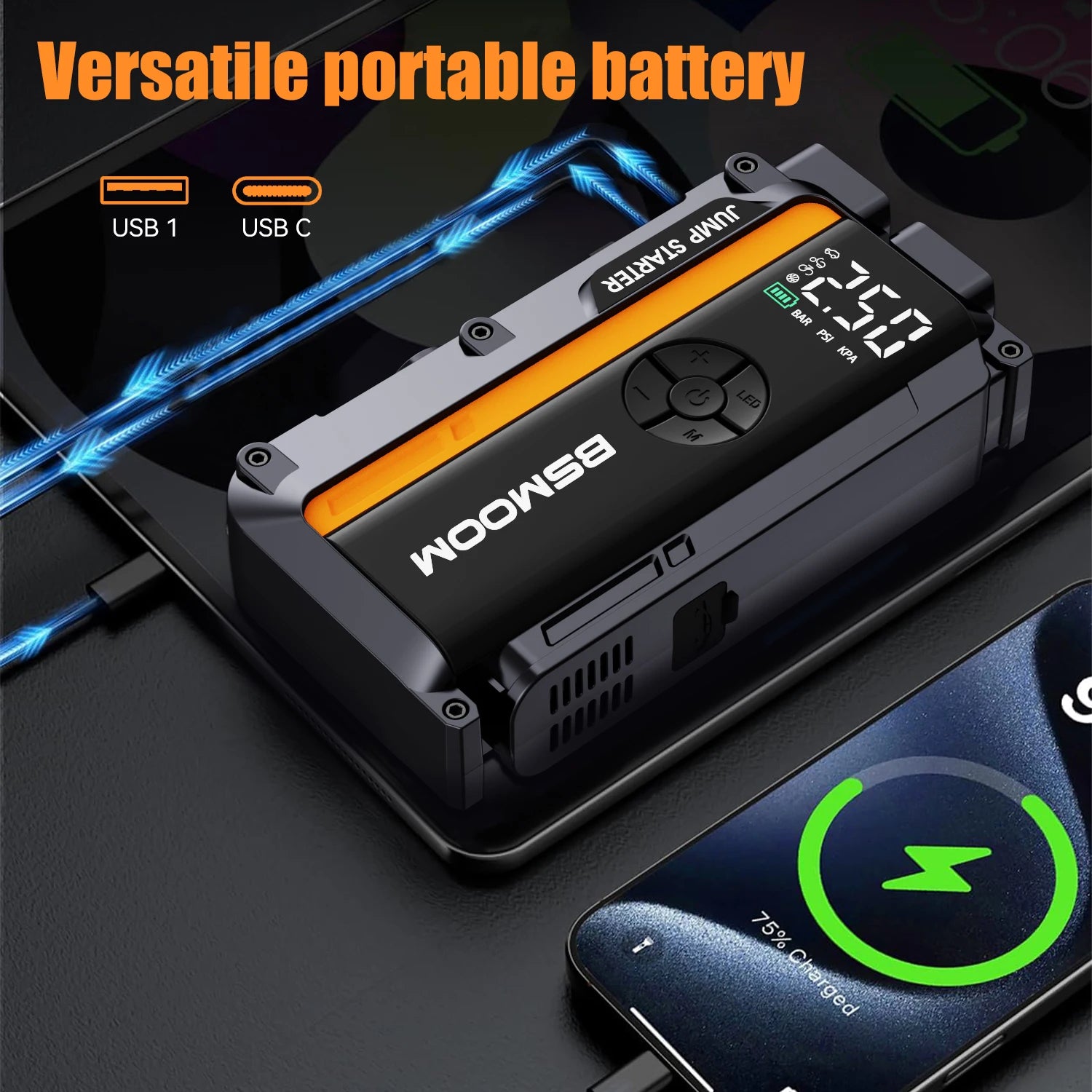 Car Jump Starter with Air Compressor 150PSI, 12V Jump Box Battery Charger Car Booster Battery Starting Device