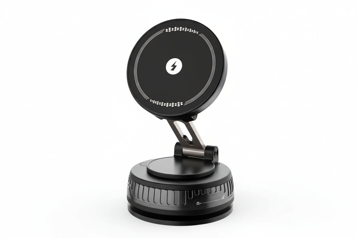 Black magnetic car mount with lightning bolt symbol on a white background