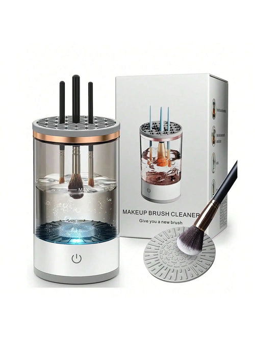 Makeup brush cleaner with a brush and packaging on a white background