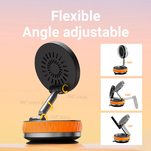 Flexible angle adjustable device with orange and black design on a gradient background