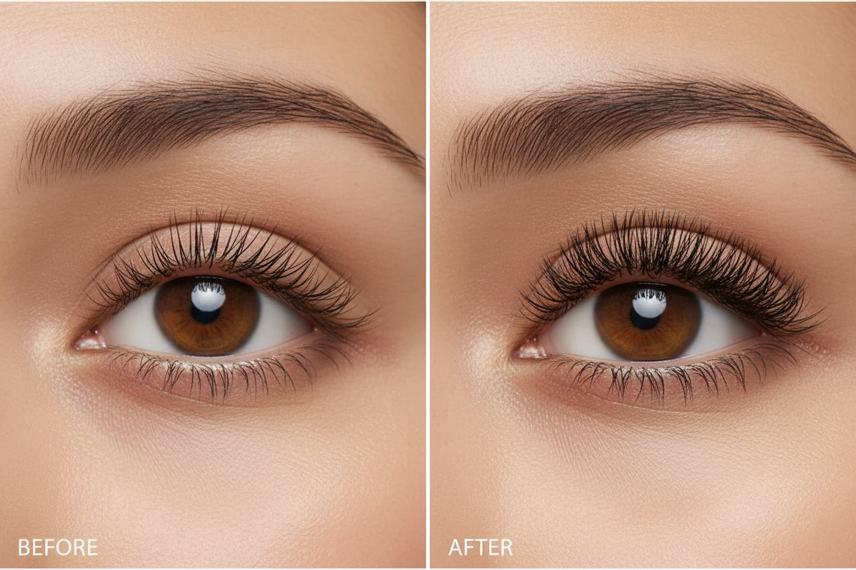 Heated eyelash curler results before and after showing natural lifted lashes close-up eye comparison