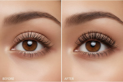 Heated eyelash curler results before and after showing natural lifted lashes close-up eye comparison