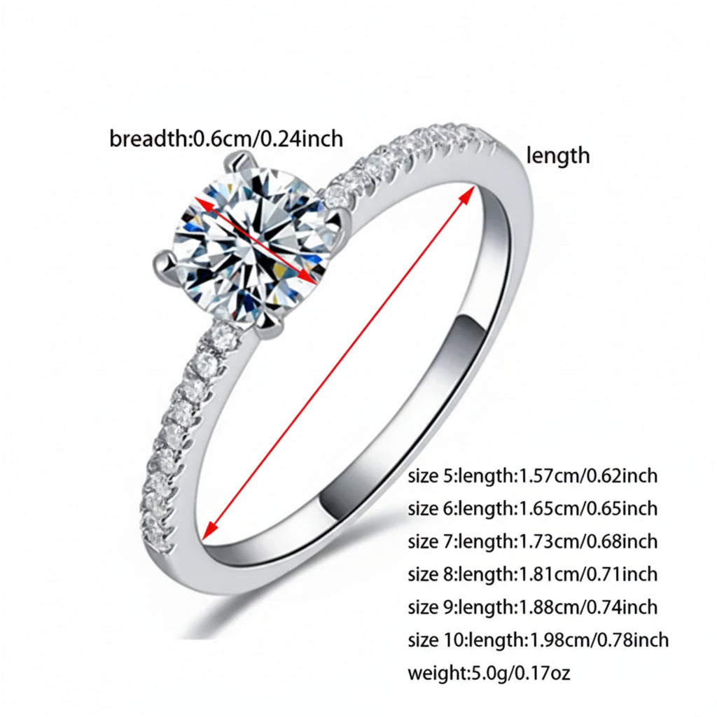 Silver ring with diamond and size measurement details on a white background