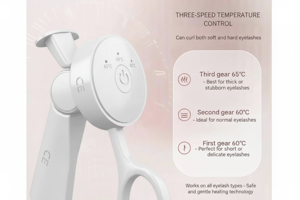 white eyelash curler with temperature control details on a light pink background