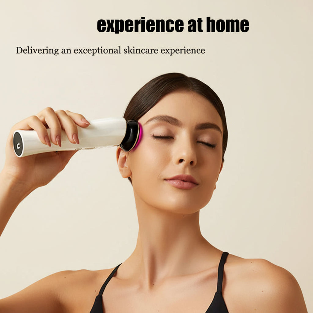 Woman using a skincare device with text about delivering an exceptional skincare experience at home.