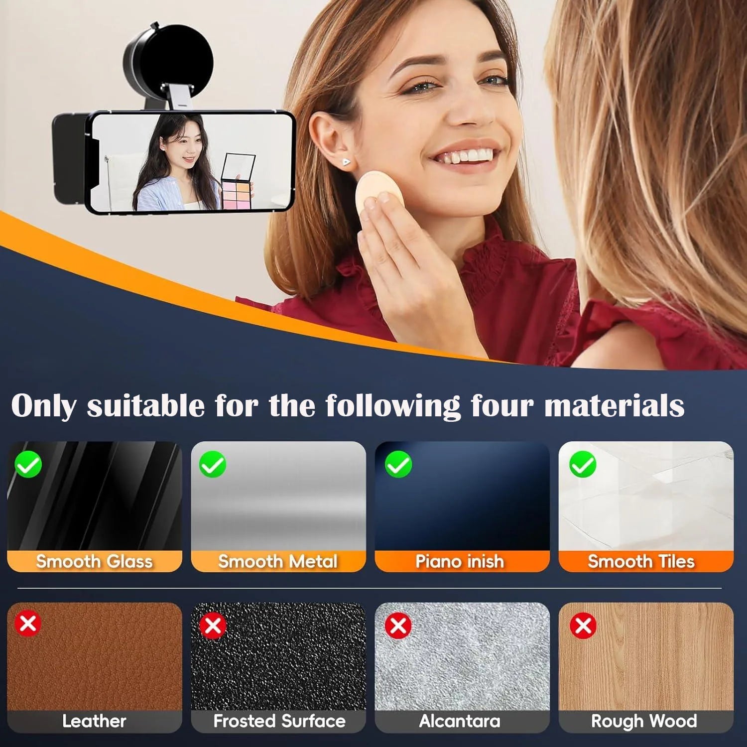 Woman applying makeup with a mirror and phone display, featuring material compatibility chart.