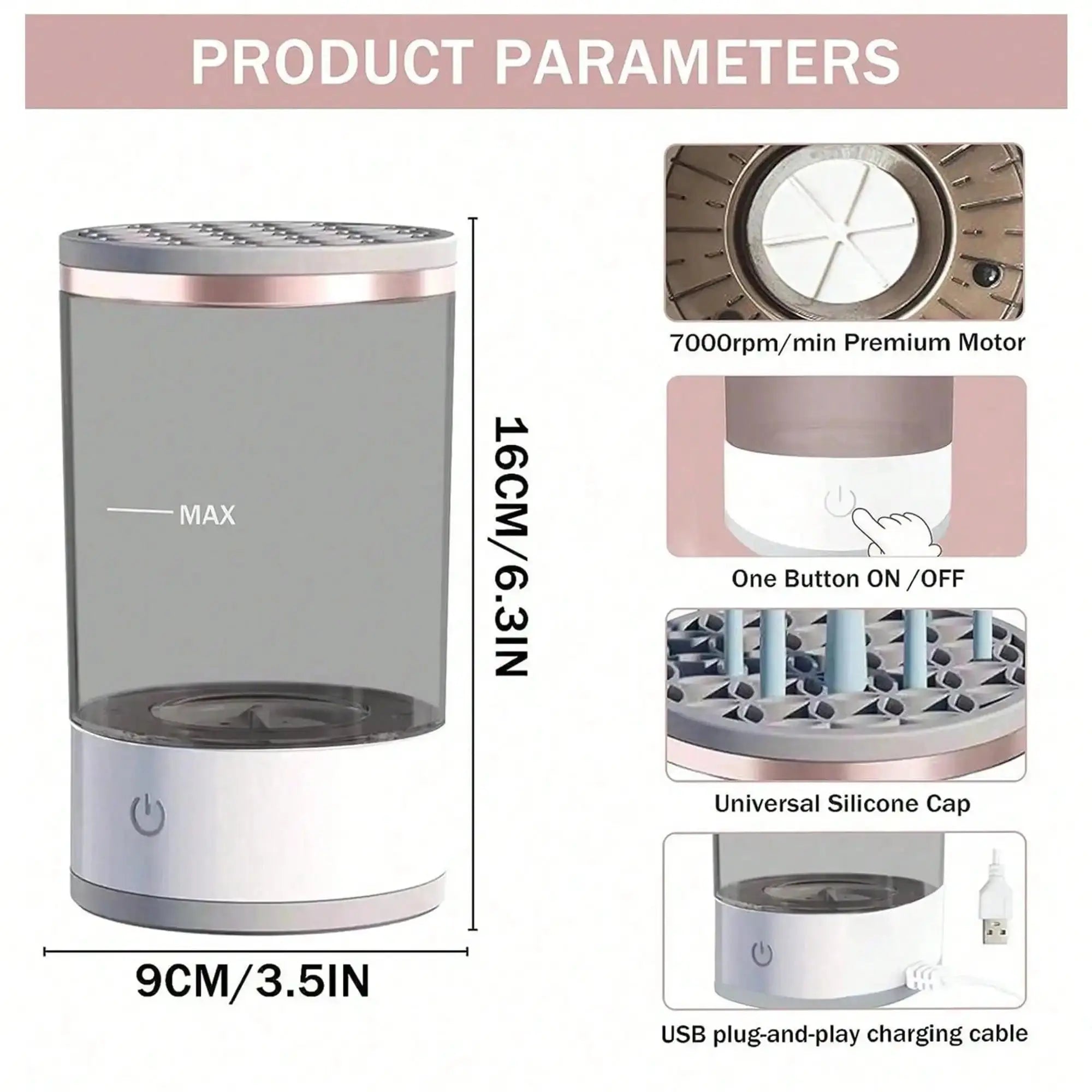 Product parameters of a cylindrical device with features and specifications.