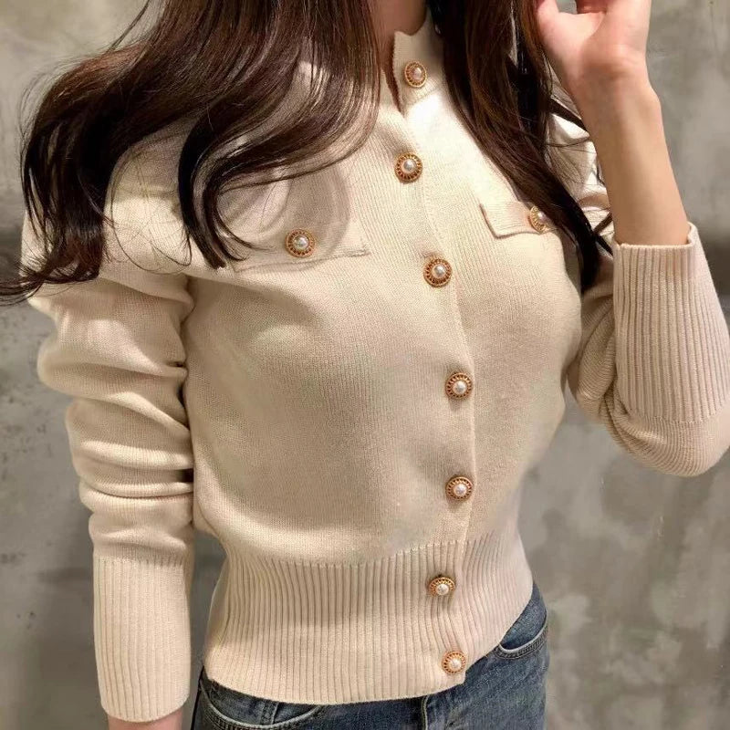 Elegant Knit Button Cardigan – Long Sleeve Slim Fit Women’s Sweater