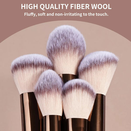 Set of makeup brushes with fluffy, soft fiber wool on a beige background