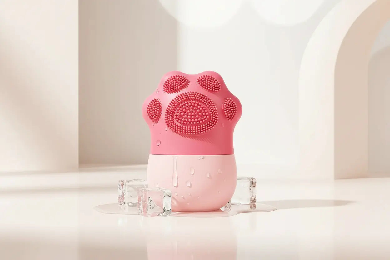 Pink silicone paw-shaped product on a white background