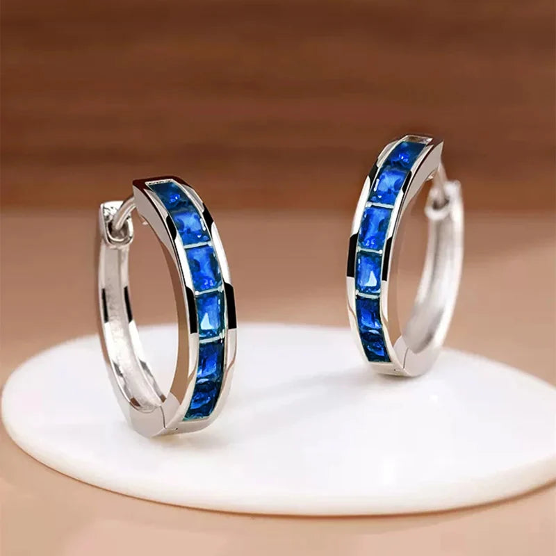 Silver hoop earrings with blue stones on a white stand against a brown background