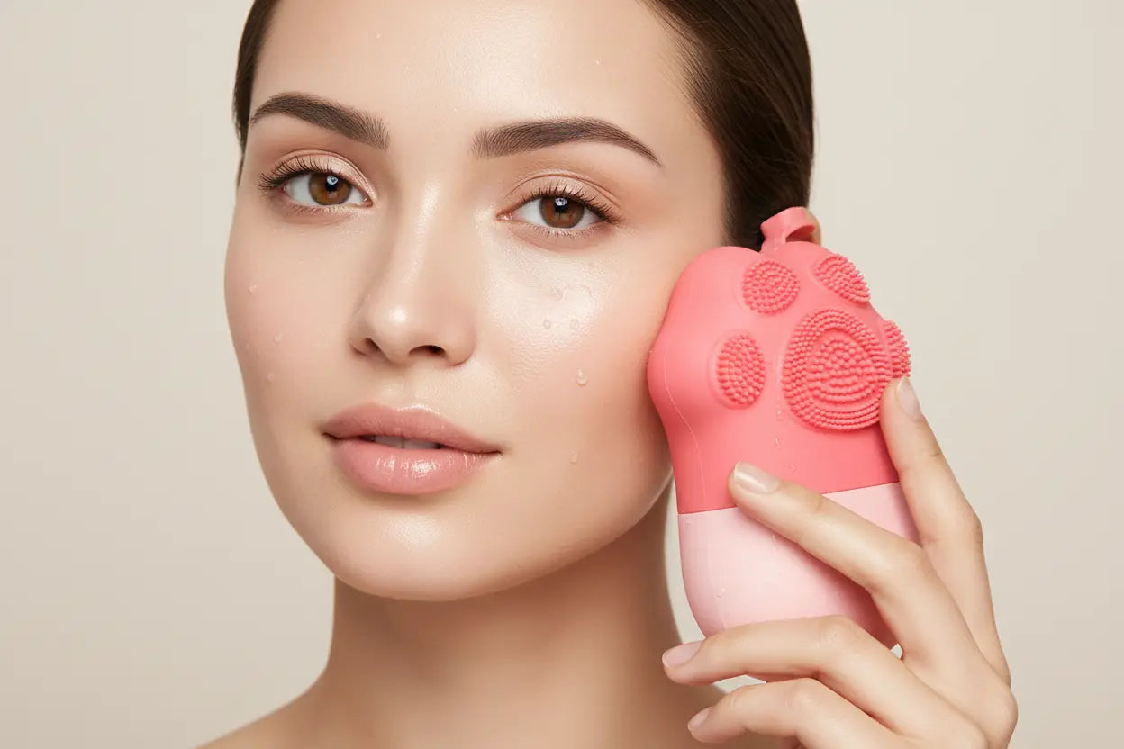 Woman using a pink facial cleansing brush on her face against a beige background