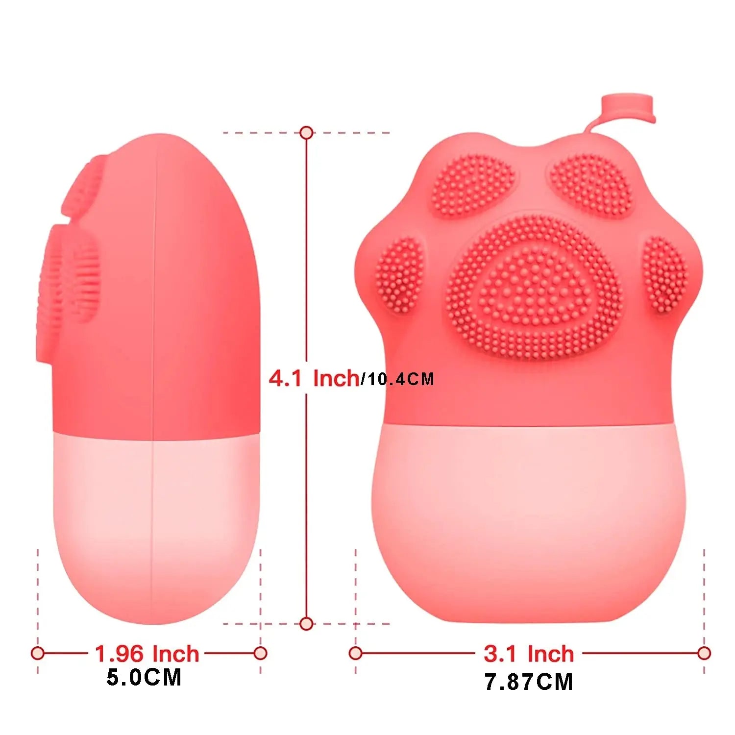 Red silicone product with measurements on a white background