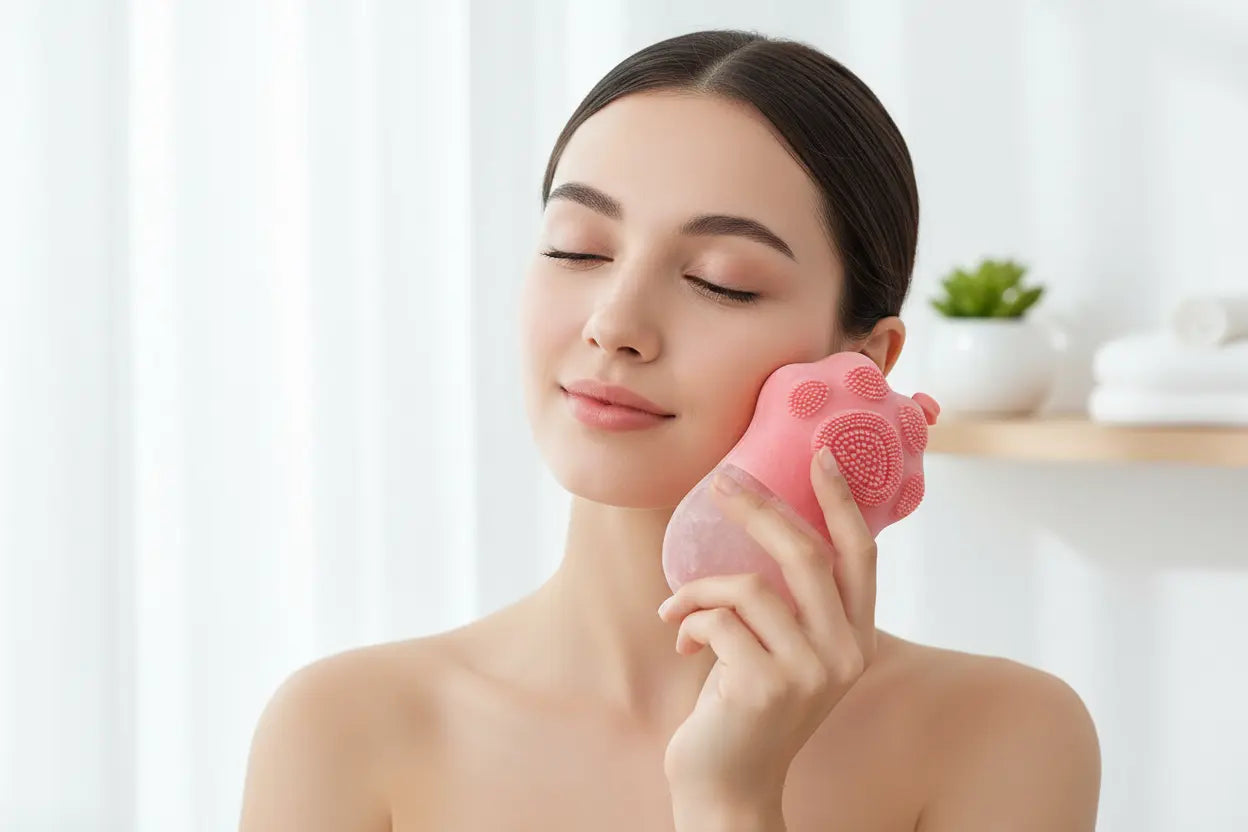 Woman using a pink facial cleansing brush in a bright room with white curtains and a plant.