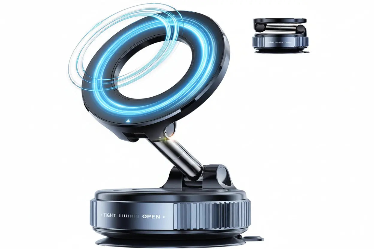 Black ring light with blue lighting effect on a white background