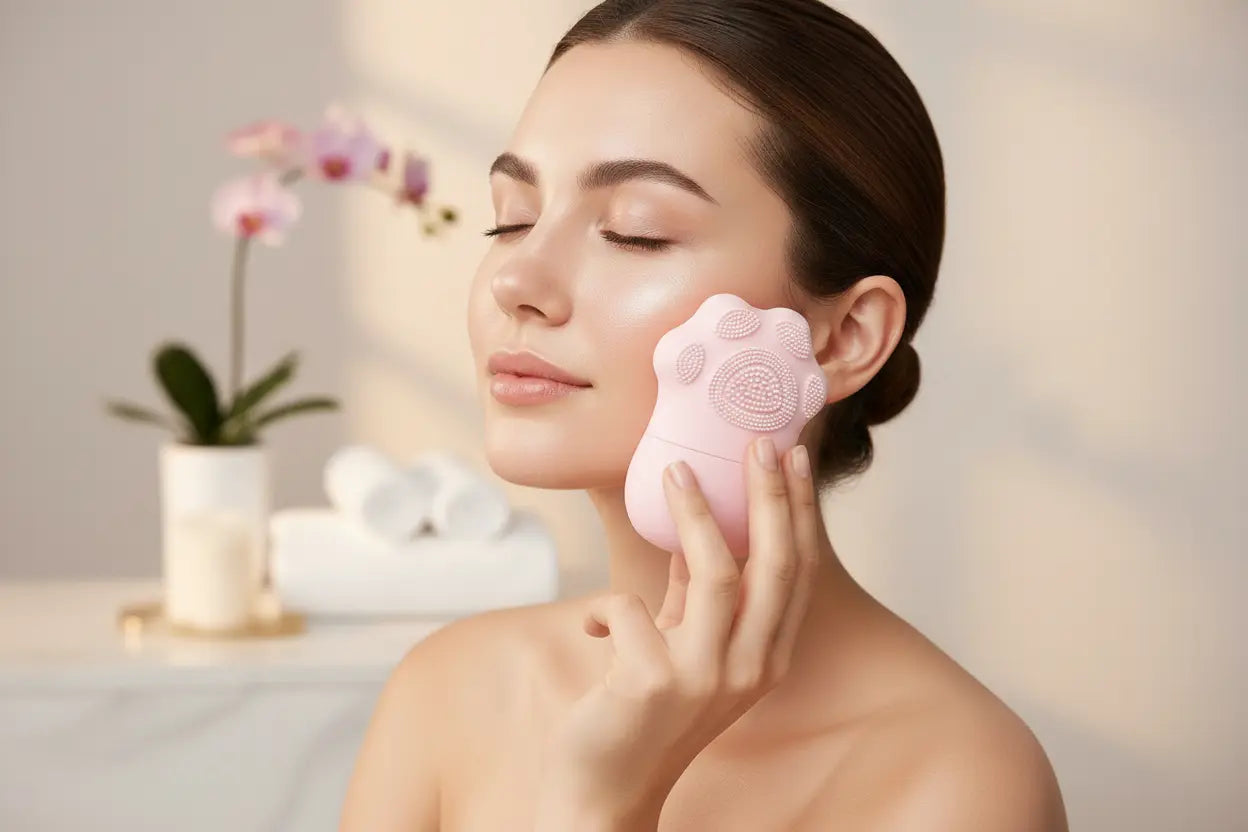 Woman using a pink facial cleansing brush with a blurred background