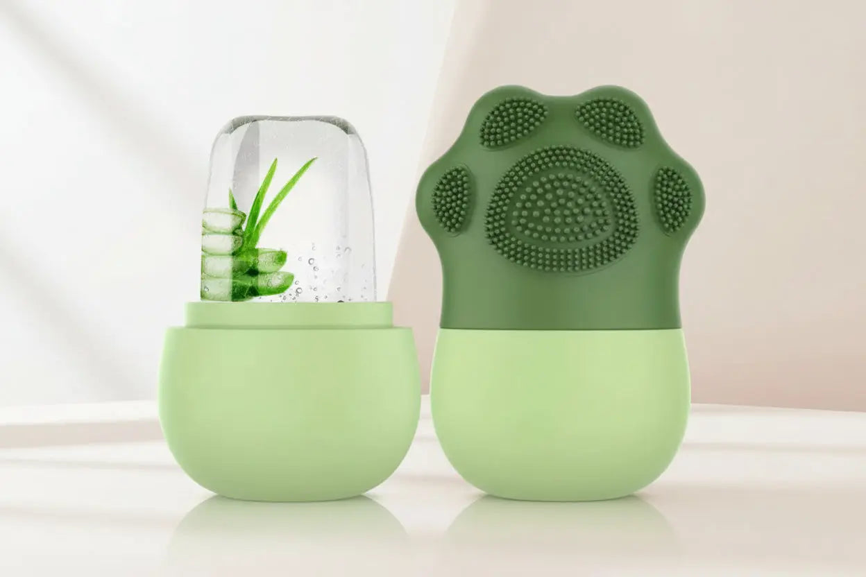 Green pet toy with a clear container and textured surface on a white background