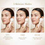 Woman using a skincare device with 'Precision Nursing' text on a white background