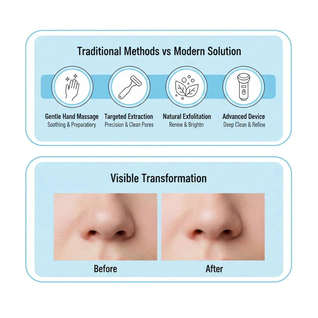 Before and after using blackhead remover vacuum showing clean pores