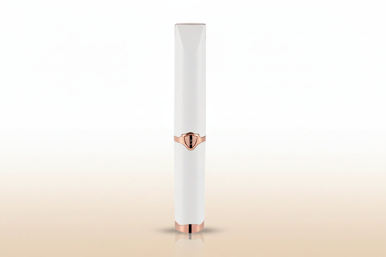 White and rose gold cylindrical product on a white background