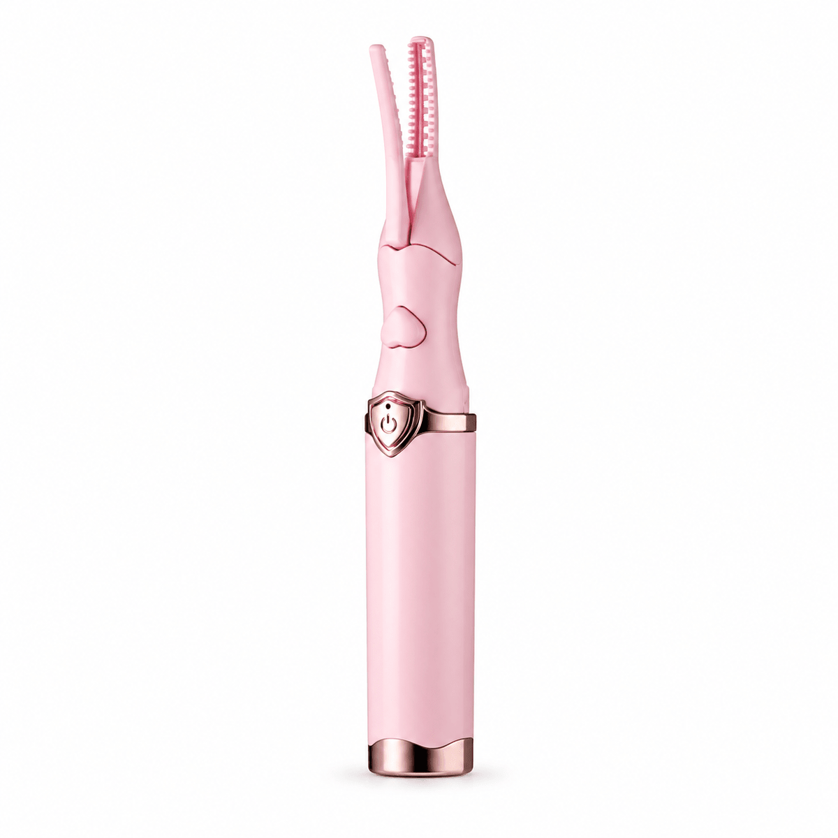 Pink heated eyelash curler with an open comb-style clamp and rose gold accents on a white background
