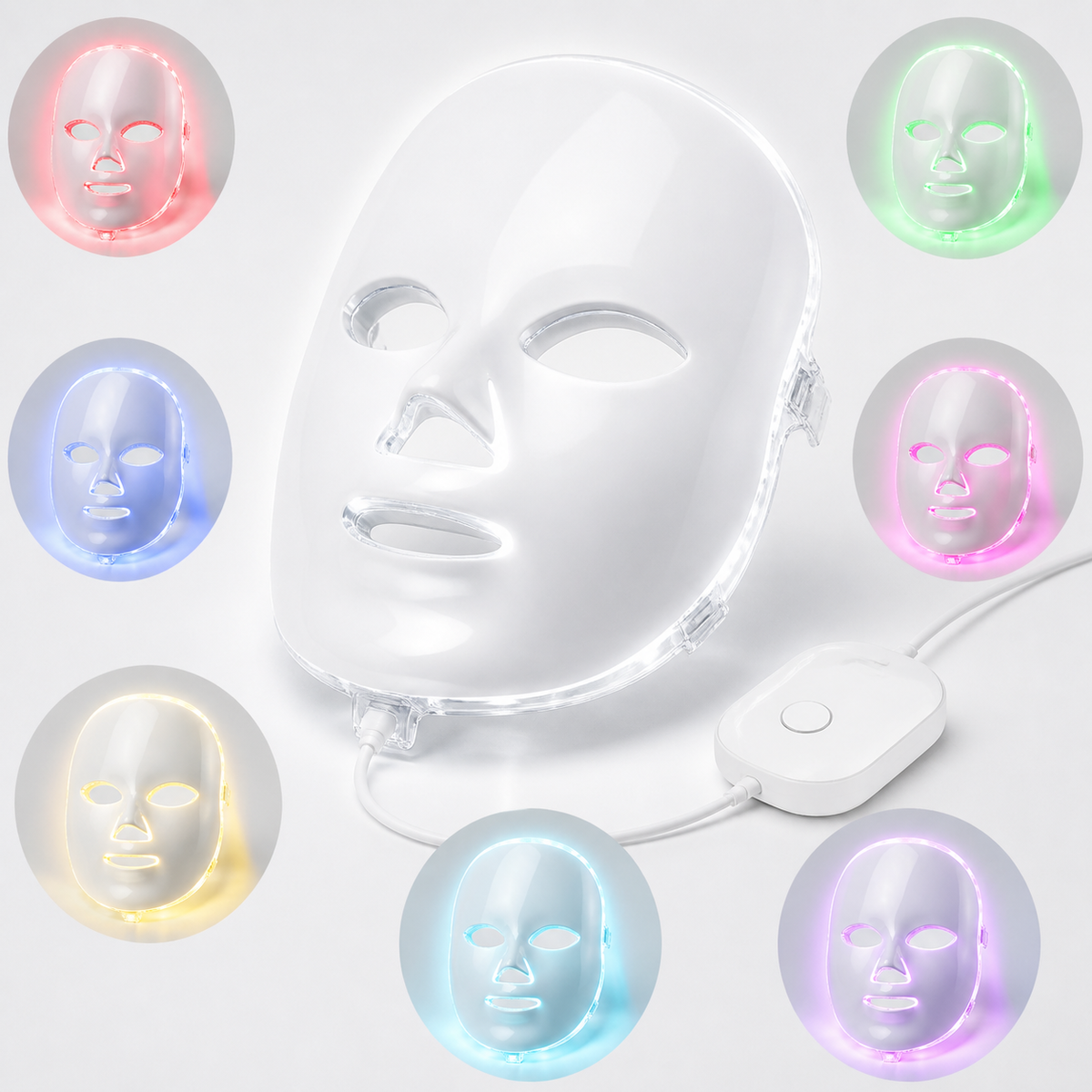 White LED facial mask therapy device with a power switch and cable, shown with circular insets of the mask glowing in multiple colors including pink, green, blue, yellow, and purple.
