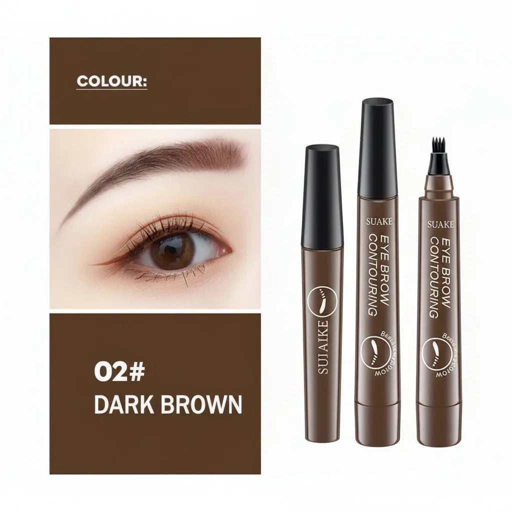 microblading eyebrow pen Eye brow contouring product with 'Dark Brown' color swatch and close-up of an eye.