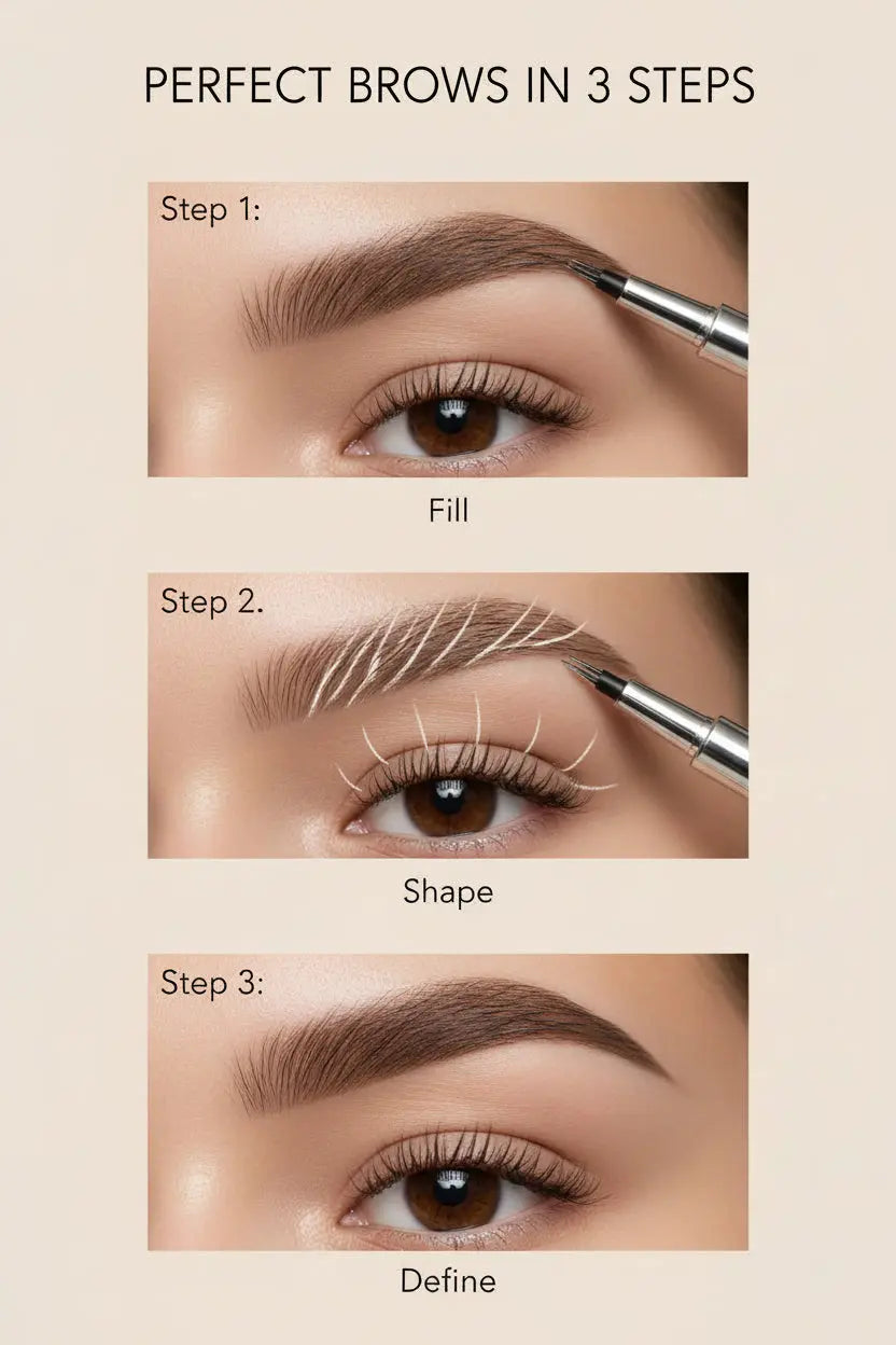 microblading eyebrow pen Instructions for an easy three-step thrush eyebrow grooming process with close-up images of eyes and eyebrows.