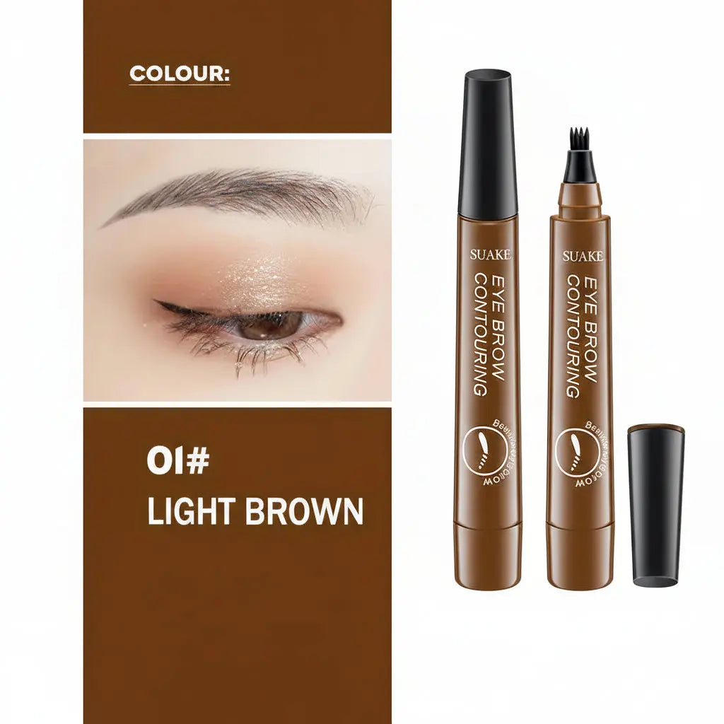 microblading eyebrow pen SUAKE Eye Brow Contouring product with an eye close-up and color swatch on a white background