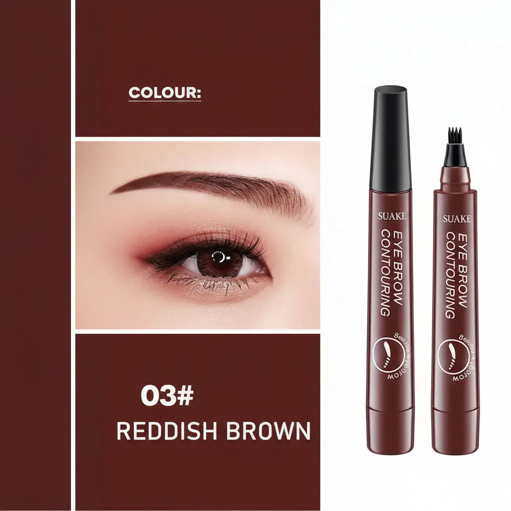microblading eyebrow pen SUAKE eye brow contouring product with an eye close-up and color swatch labeled '03# Reddish Brown'.