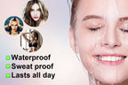 microblading eyebrow pen Woman with waterproof makeup application, surrounded by circular insets of her face, on a white background.