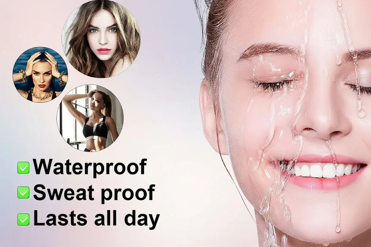 microblading eyebrow pen Woman with waterproof makeup application, surrounded by circular insets of her face, on a white background.