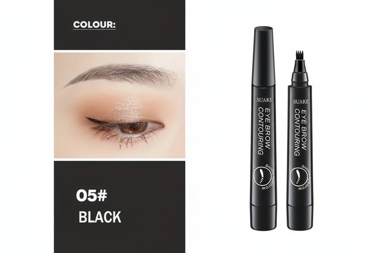 microblading eyebrow pen SUAKE eye brow contouring product with close-up of eye makeup and color swatch.