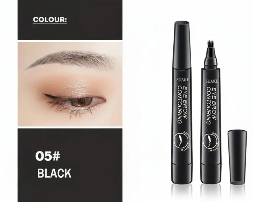 microblading eyebrow pen SUAKE eye brow contouring product with close-up of eye makeup and color swatch.