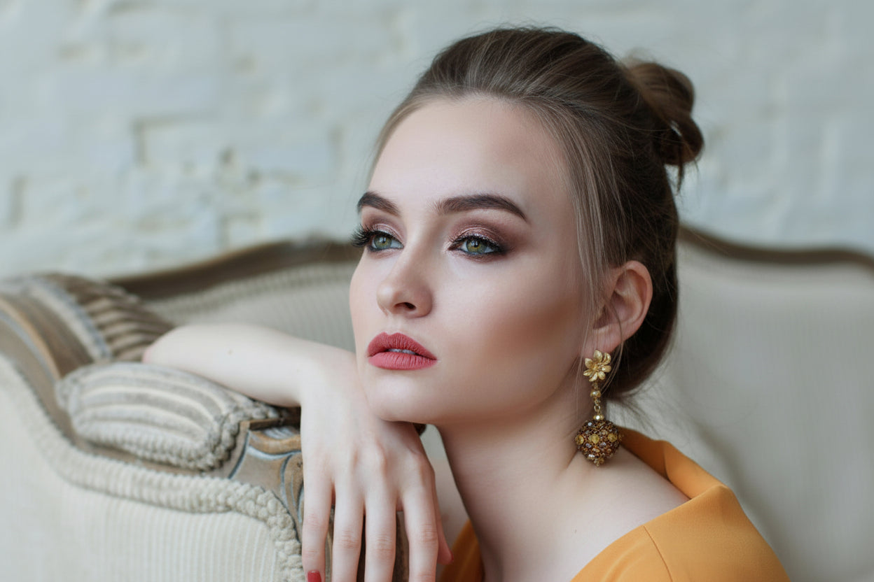 Woman with styled hair and makeup, wearing earrings, in a softly lit indoor setting.