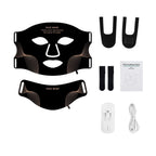 Black premium LED face and neck mask set with gold detailing, controller, charging cable, and adjustable straps