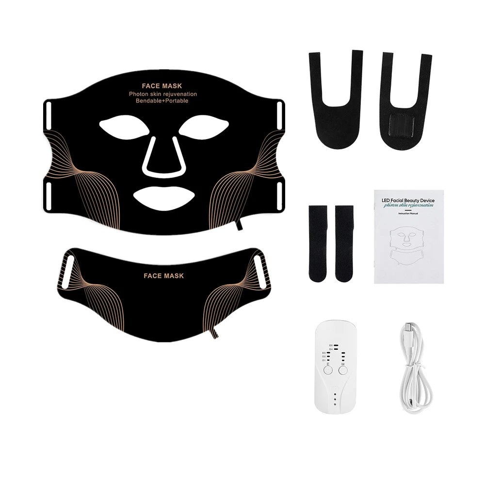 Black premium LED face and neck mask set with gold detailing, controller, charging cable, and adjustable straps
