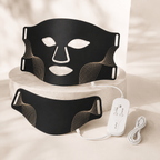 Black premium LED face and neck mask set with gold accents, remote control, and charging cable