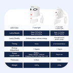 Two LED face masks with technical specifications on a white background