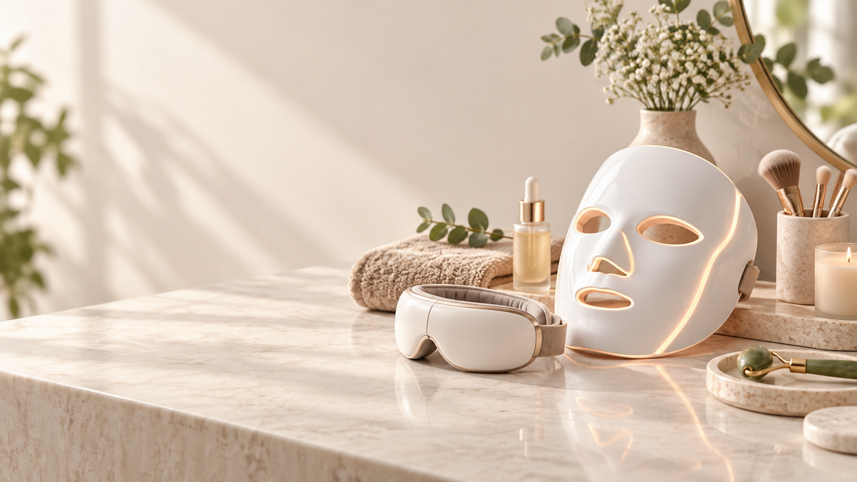 White LED face mask and eye massager displayed on a warm minimalist vanity for an at-home beauty routine