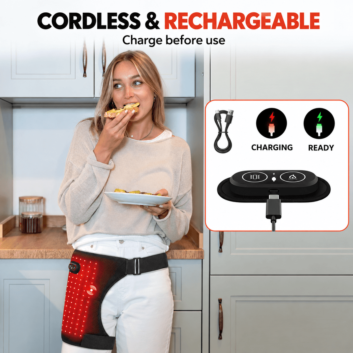 Cordless red light hip wrap charging guide